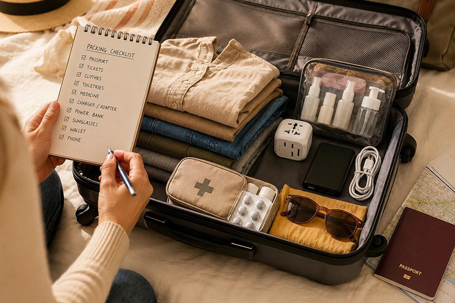 kunming lijiang altitude travel medicine checklist 手持清單比對行李箱內的隨身物品,包含急救包、高山症與常備藥品、分裝瓶、充電器與墨鏡