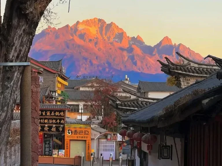 Shuhe Ancient Town 1 麗江古城眺望玉龍雪山的絕美「機位」,清晨日出時刻,雪山被金紅霞光染成「日照金山」奇景,前景是古色古香的納西建築。