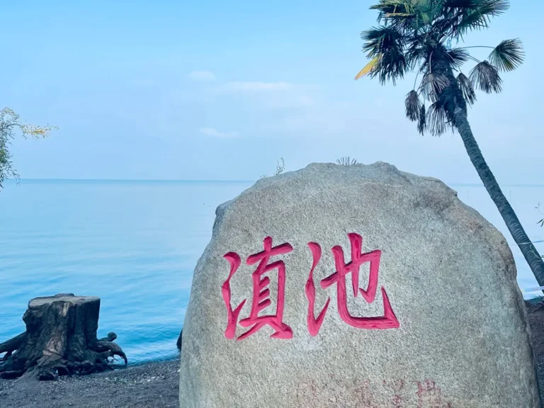 Kunming Dianchi Lake 3 昆明滇池的經典地標石碑,刻有紅色「滇池」大字的灰色石頭,背景是湛藍的湖水與藍天,旁邊還有棕櫚樹點綴。