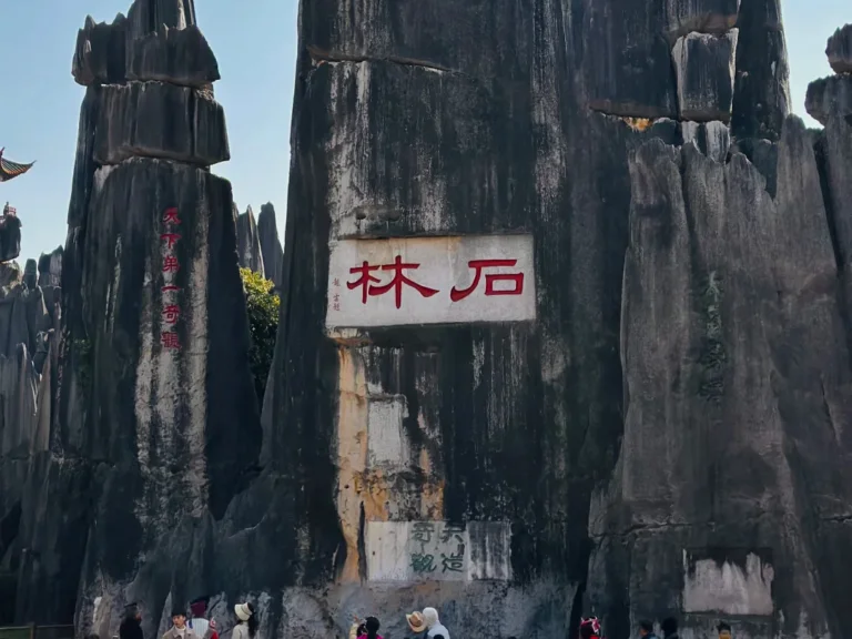 stone forest 3 昆明石林風景區的核心地標,刻有「石林」字樣的巨型喀斯特石柱,旁邊還有「天下第一奇觀」的經典題字,是雲南必訪的世界自然遺產景點。